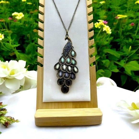 PEACOCK WATERFALL PENDANT ENAMEL RHINESTONES NECKLACE - Picture 1 of 4